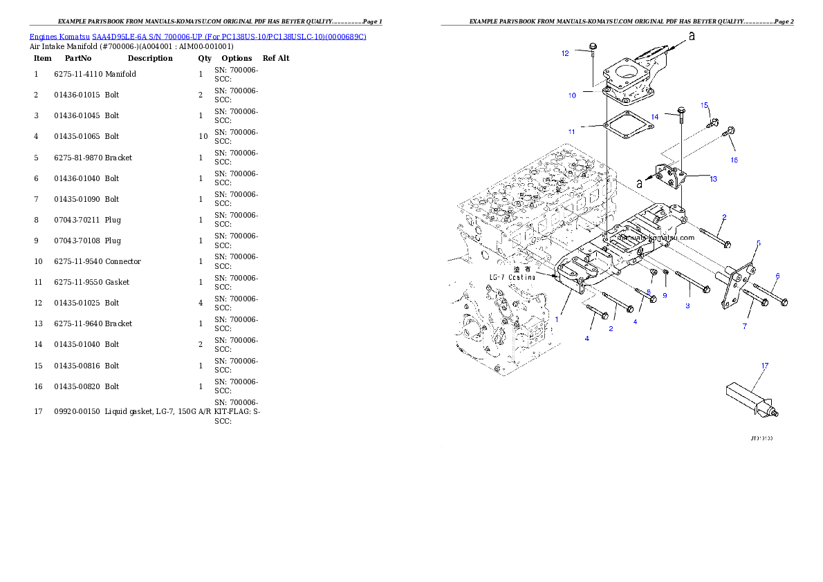 Protected: SAA4D95LE-6A S/N 700006-UP (For PC138US-10/PC138USLC-10) Partsbook