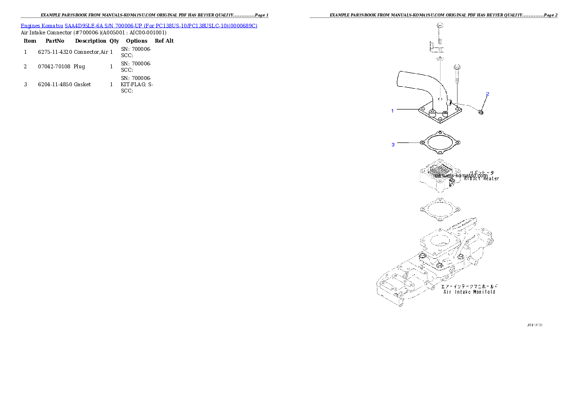 Protected: SAA4D95LE-6A S/N 700006-UP (For PC138US-10/PC138USLC-10) Partsbook