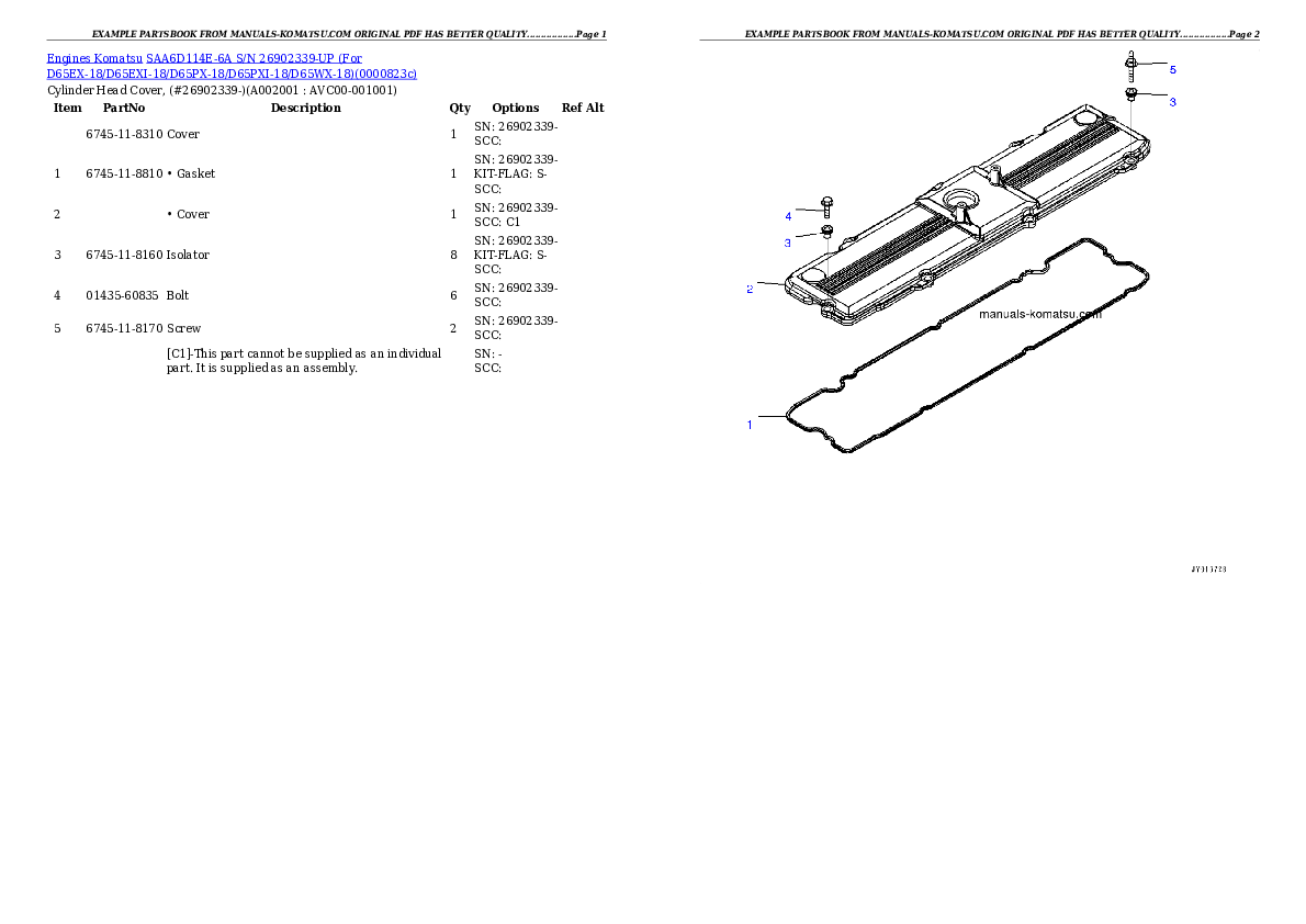 SAA6D114E-6A S/N 26902339-UP (For D65EX-18/D65EXI-18/D65PX-18/D65PXI-18/D65WX-18) Partsbook