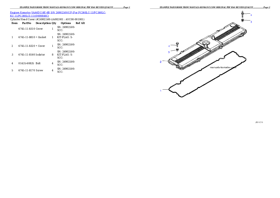 SAA6D114E-6B S/N 26902500-UP (For PC360LC-11/PC360LC-KU-11/PC360LCI-11) Partsbook