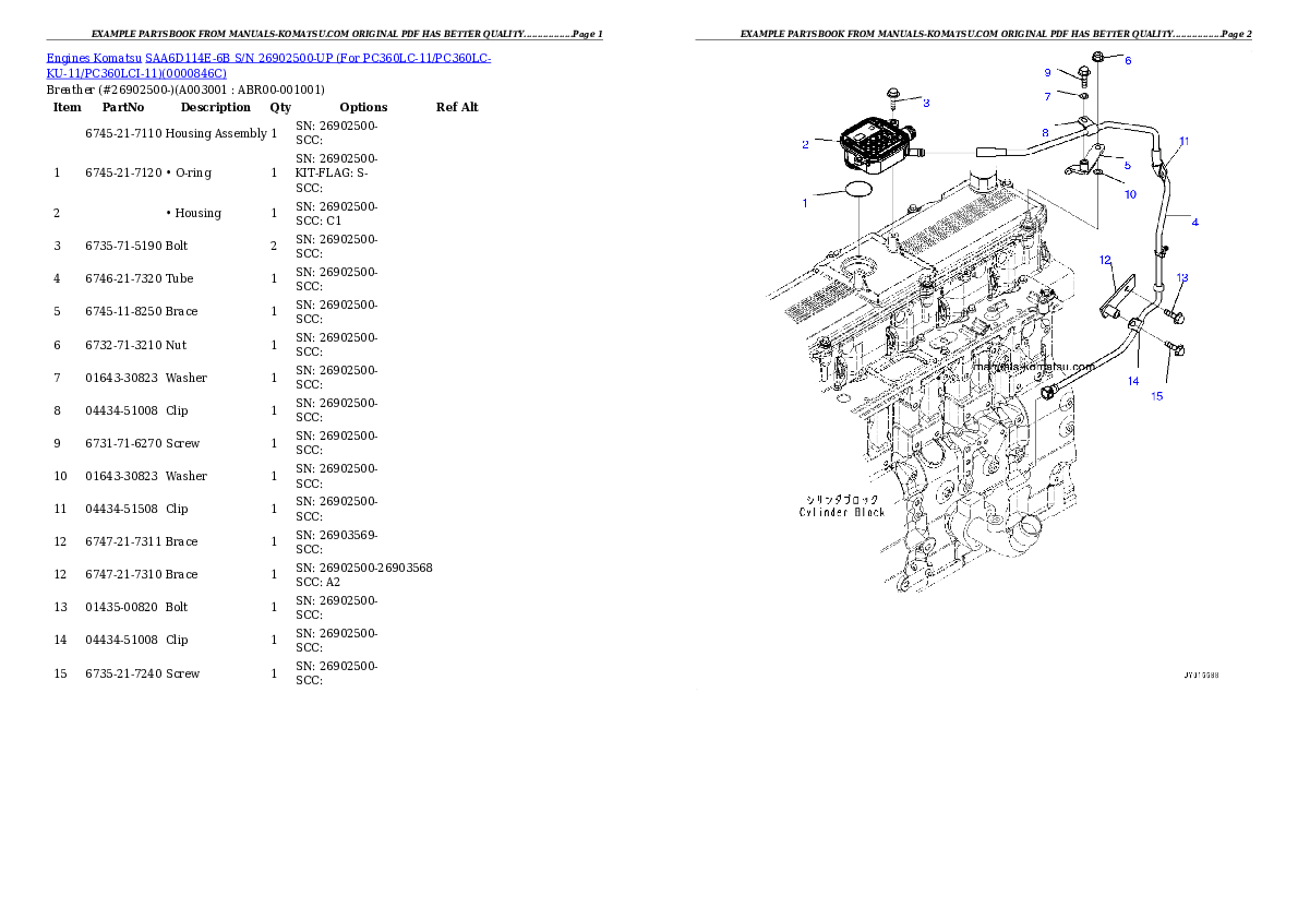 SAA6D114E-6B S/N 26902500-UP (For PC360LC-11/PC360LC-KU-11/PC360LCI-11) Partsbook