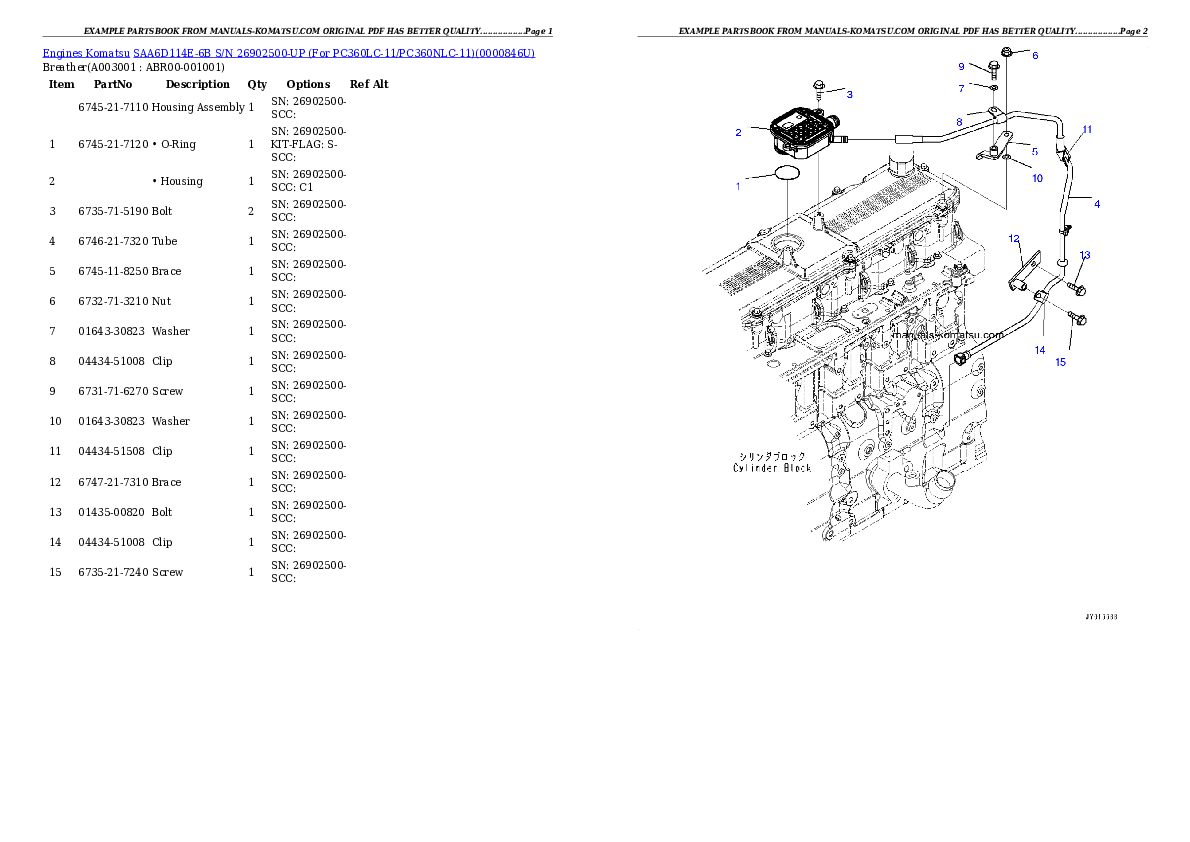 SAA6D114E-6B S/N 26902500-UP (For PC360LC-11/PC360NLC-11) Partsbook
