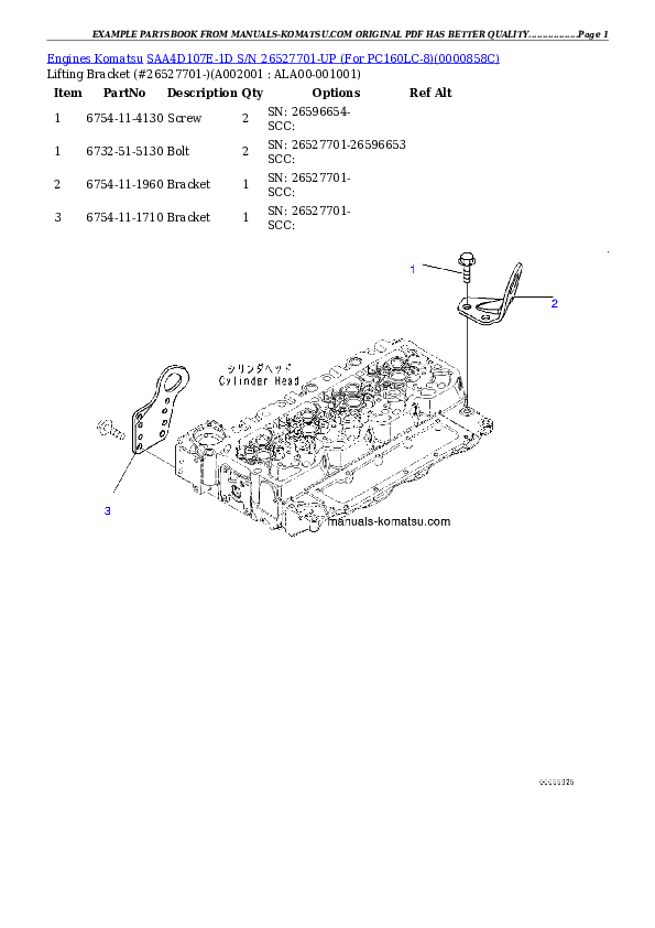 SAA4D107E-1D S/N 26527701-UP (For PC160LC-8) Partsbook