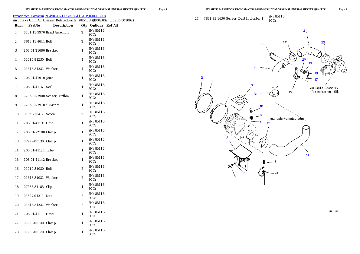 PC490LCI-11 S/N 85113-UP Partsbook