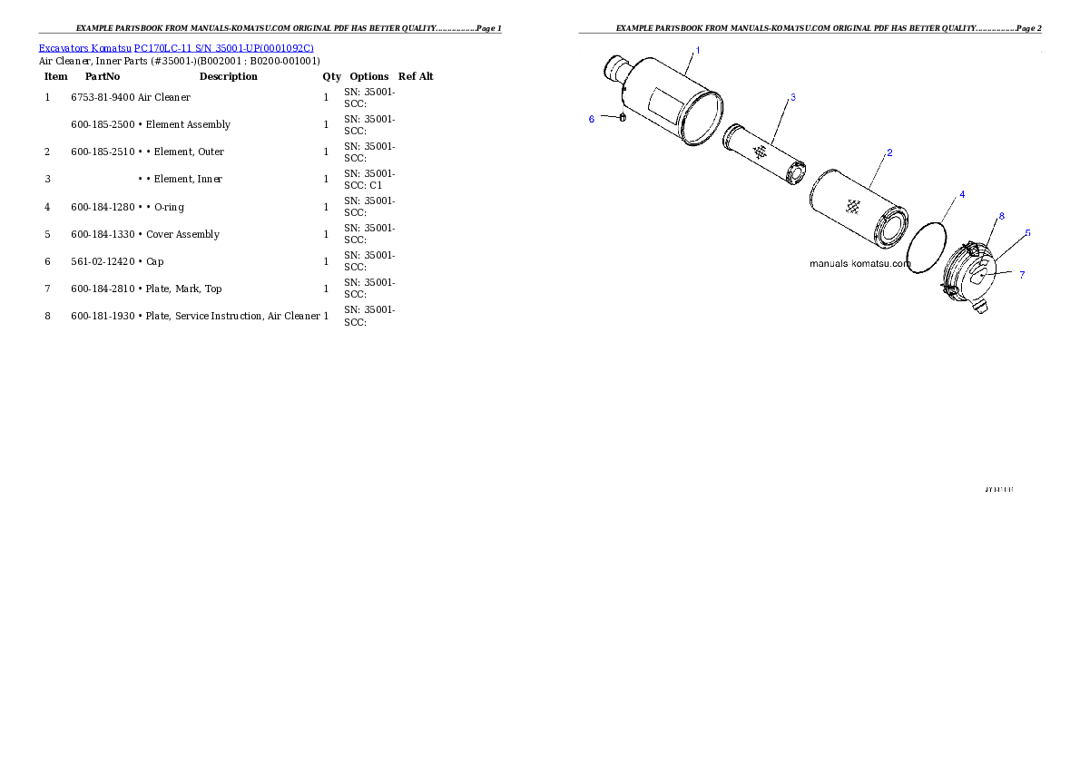 PC170LC-11 S/N 35001-UP Partsbook