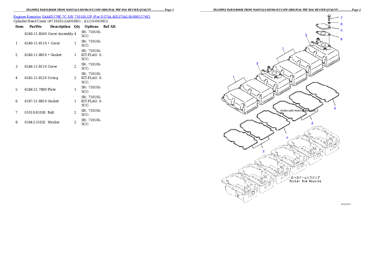 SAA6D170E-7C S/N 710105-UP (For D375A-8/D375AI-8) Partsbook