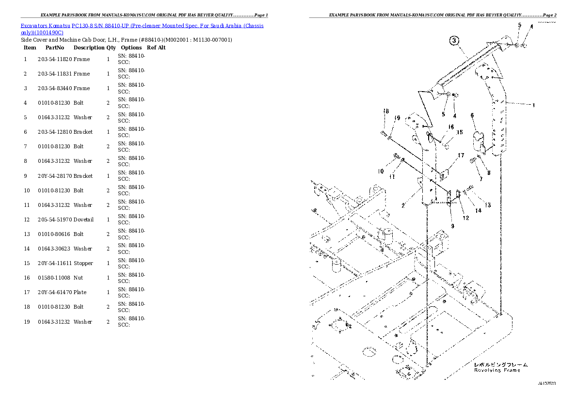 PC130-8 S/N 88410-UP (Pre-cleaner Mounted Spec. For Saudi Arabia (Chassis only)) Partsbook
