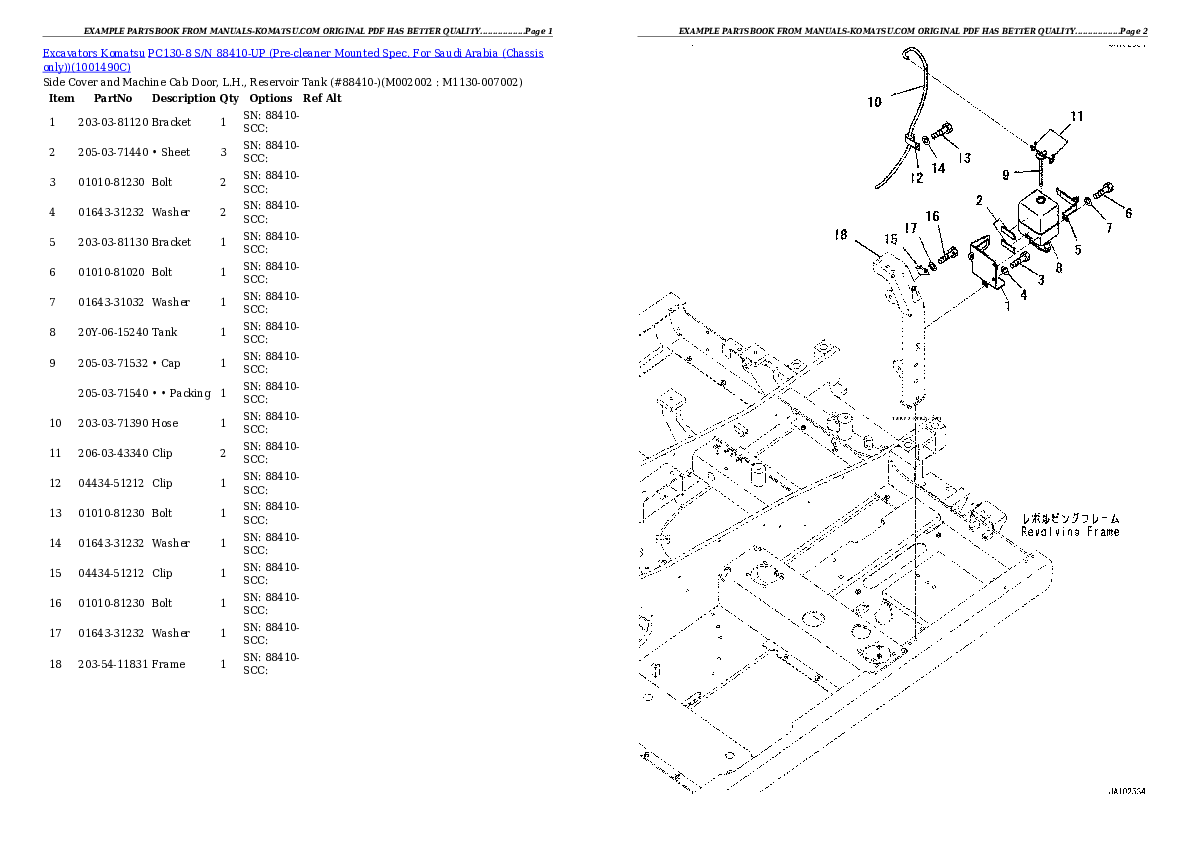 Protected: PC130-8 S/N 88410-UP (Pre-cleaner Mounted Spec. For Saudi Arabia (Chassis only)) Partsbook
