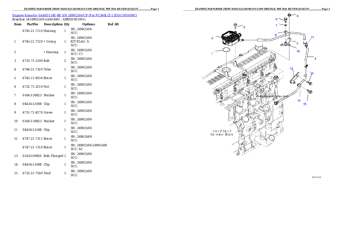 SAA6D114E-6B S/N 26902500-UP (For PC360LC-11/PC360LCI-11) Partsbook