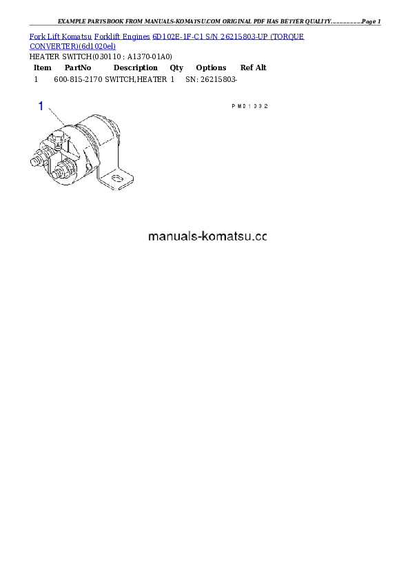 Protected: 6D102E-1F-C1 S/N 26215803-UP (TORQUE CONVERTER) Partsbook