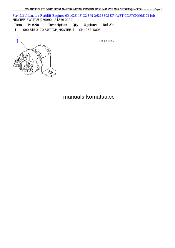 Protected: 6D102E-1F-C2 S/N 26215803-UP （ｳｪｯﾄｸﾗｯﾁ） Partsbook