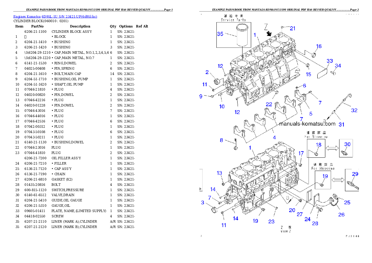 Protected: 6D95L-1U S/N 23421-UP Partsbook