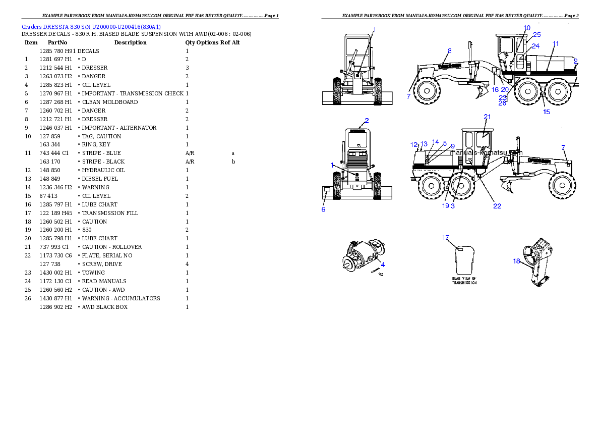 830 S/N U200000-U200416 Partsbook