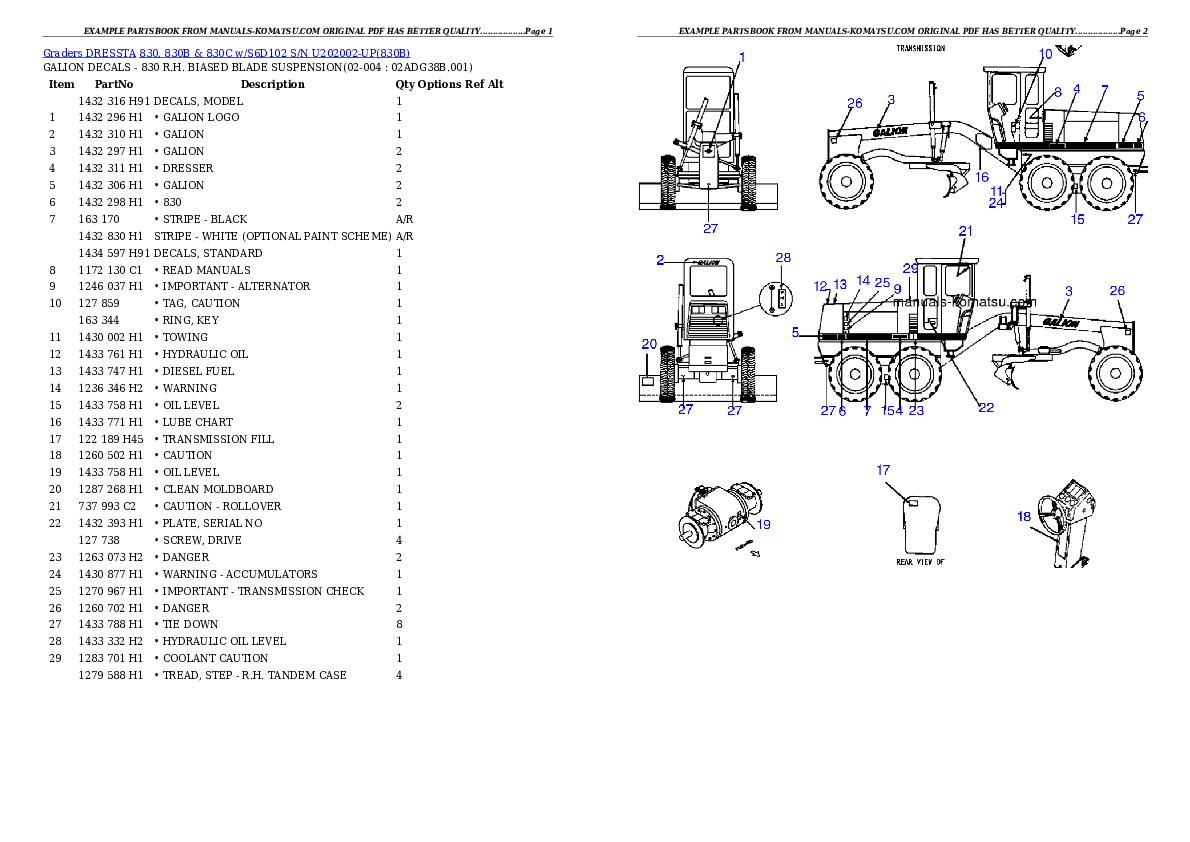 830, 830B & 830C w/S6D102 S/N U202002-UP Partsbook