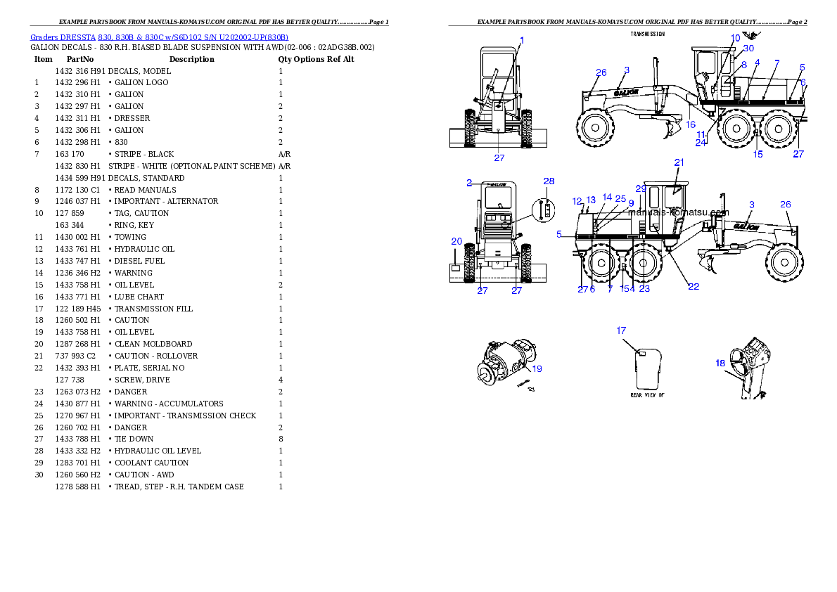 830, 830B & 830C w/S6D102 S/N U202002-UP Partsbook