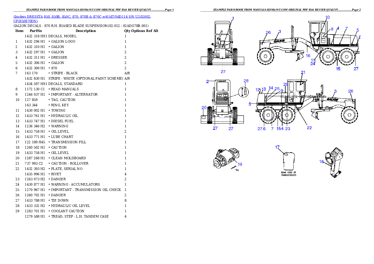 850, 850B, 850C, 870, 870B & 870C w/614T/S6D114 S/N U202002-UP Partsbook