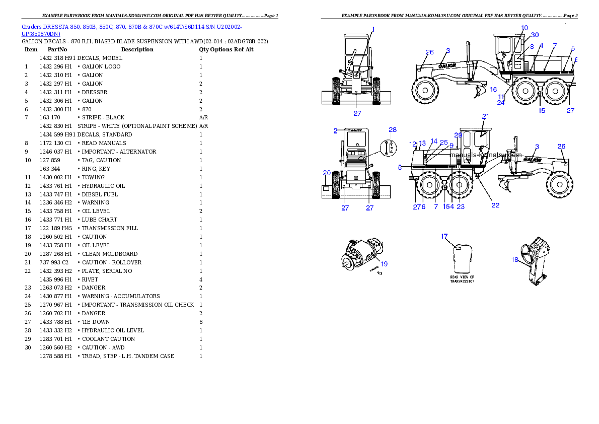 850, 850B, 850C, 870, 870B & 870C w/614T/S6D114 S/N U202002-UP Partsbook