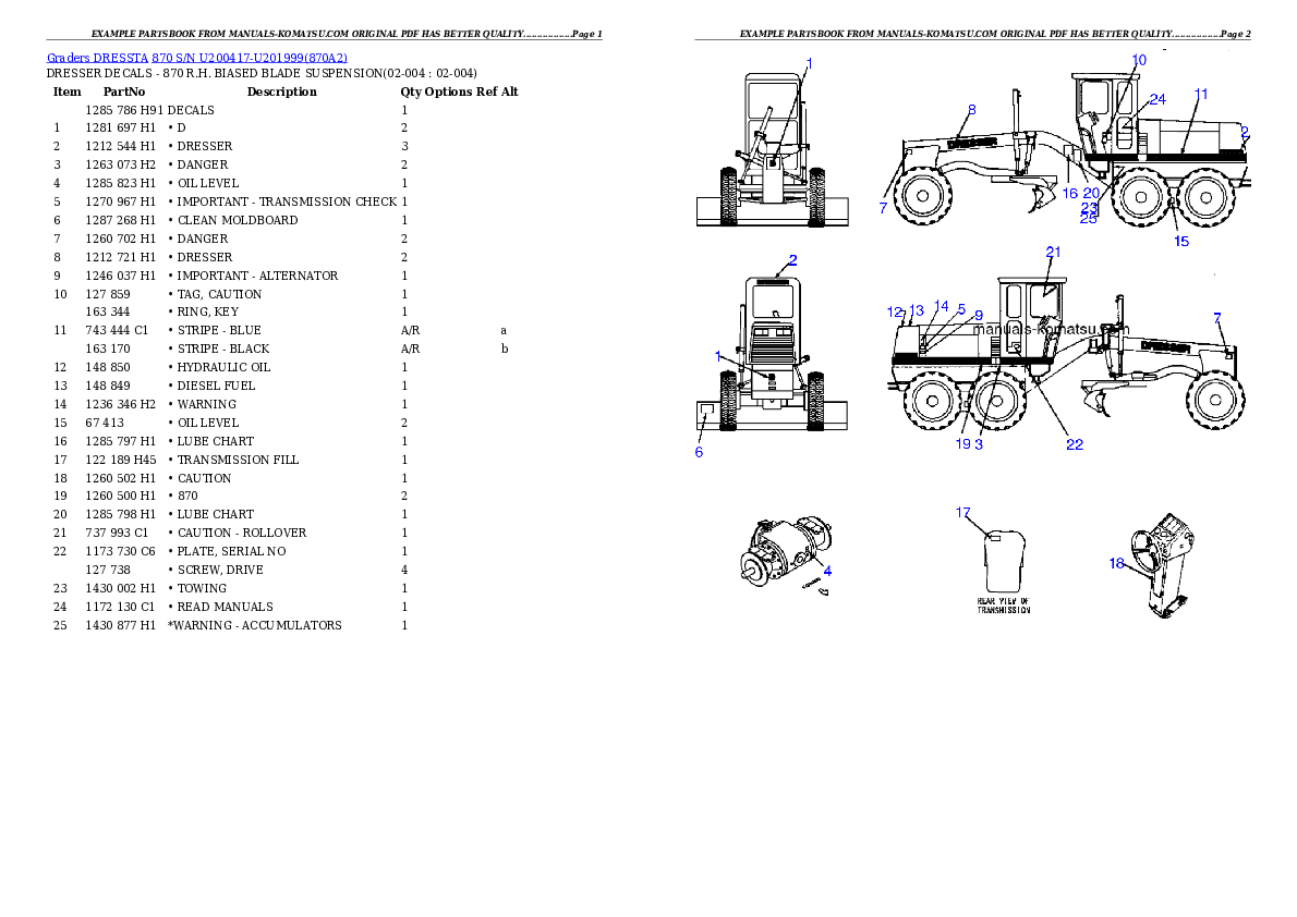 870 S/N U200417-U201999 Partsbook