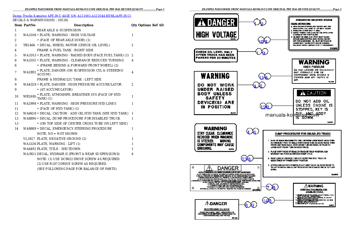 AFE39-U 445E S/N A511001-A511044 BEML Partsbook