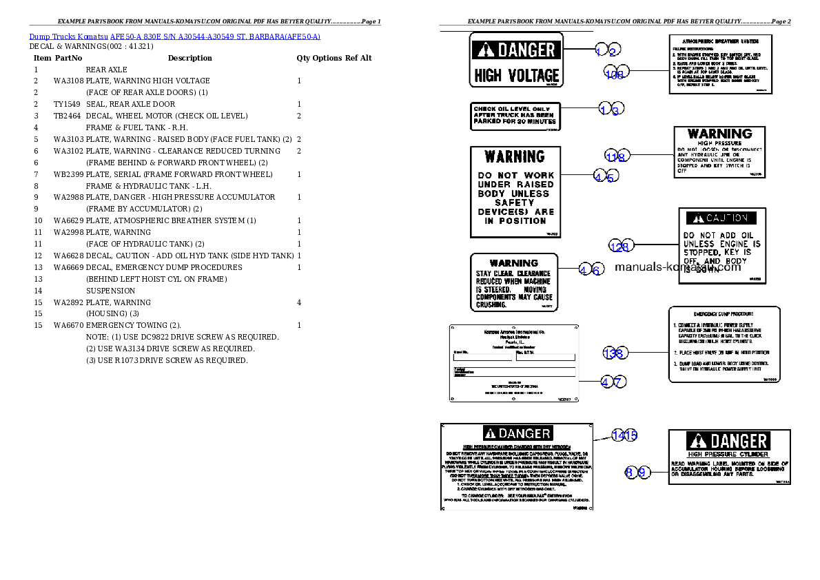 AFE50-A 830E S/N A30544-A30549  ST. BARBARA Partsbook