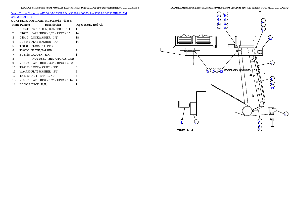 Protected: AFE50-L/M  830E S/N A30584-A30585 & A30589-A30592  BINGHAM CANYON Partsbook