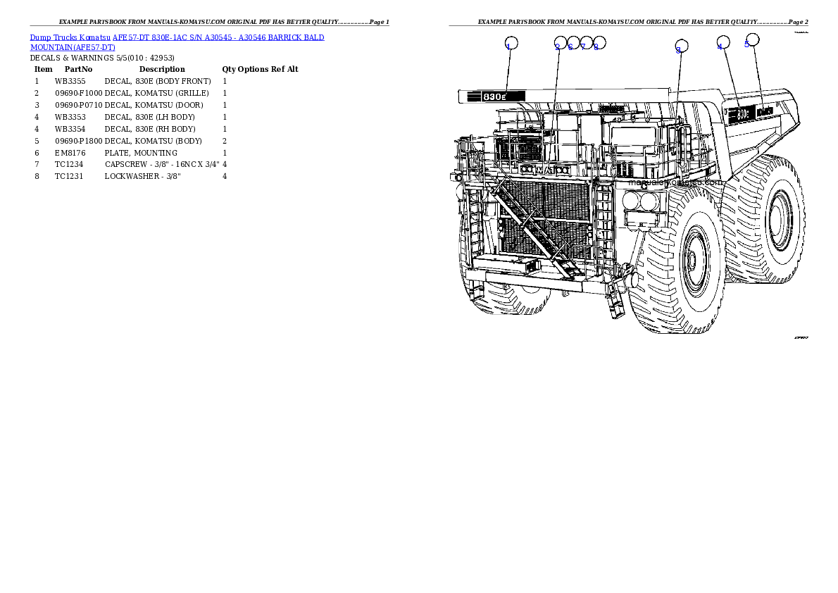 Protected: AFE57-DT 830E-1AC S/N A30545 – A30546    BARRICK BALD MOUNTAIN Partsbook