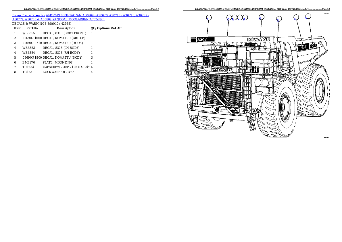 Protected: AFE57-FJ 830E-1AC S/N A30669 – A30670, A30718 – A30720, A30769 – A30772, A30785 & A30802  YANCOAL MOOLARBEN Partsbook