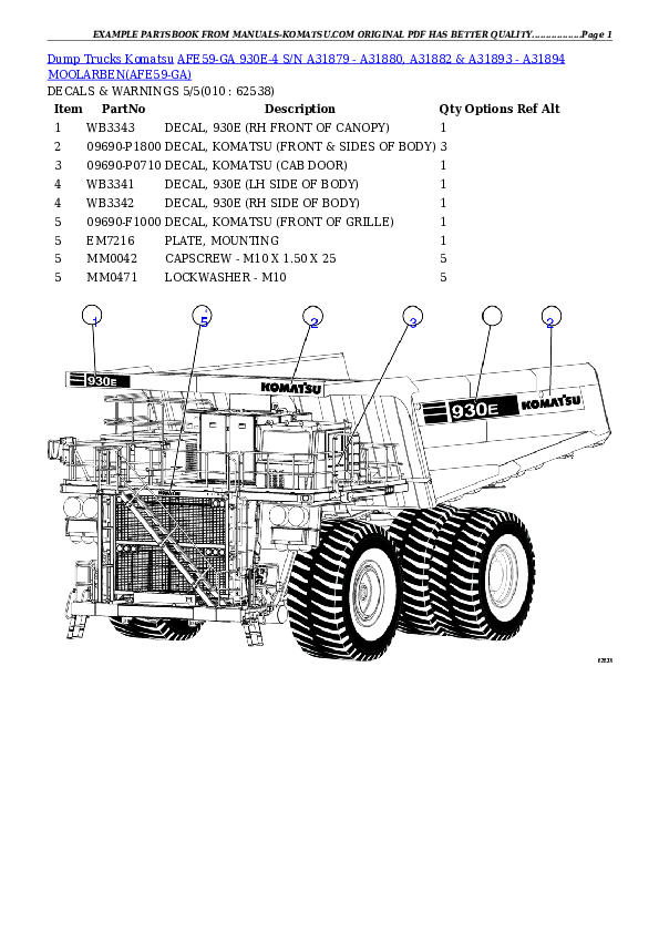 Protected: AFE59-GA 930E-4 S/N A31879 – A31880, A31882 & A31893 – A31894  MOOLARBEN Partsbook