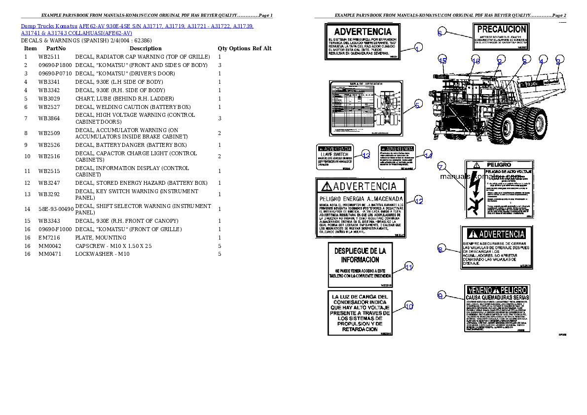 AFE62-AV 930E-4SE S/N A31717, A31719, A31721 - A31722, A31739, A31741 & A31743  COLLAHUASI Partsbook