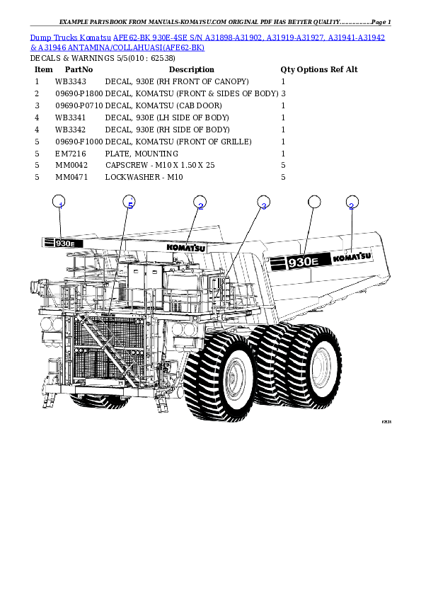 Protected: AFE62-BK 930E-4SE S/N A31898-A31902, A31919-A31927, A31941-A31942 & A31946  ANTAMINA/COLLAHUASI Partsbook
