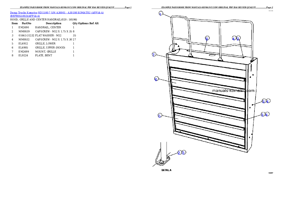 Protected: HD1500-7 S/N A30001 – A30108   KOMATSU (AFP54-A) (BEPB055003) Partsbook