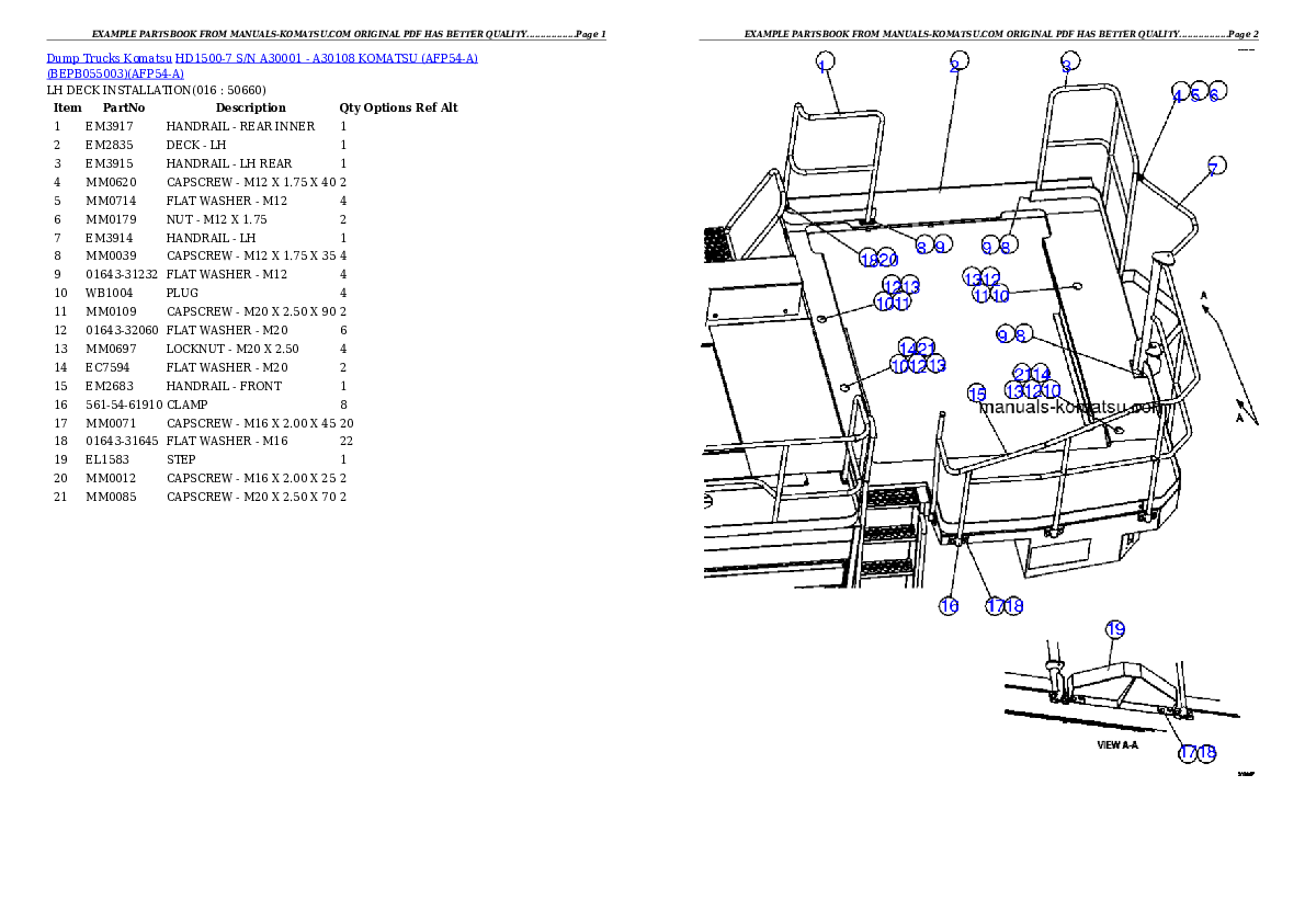 Protected: HD1500-7 S/N A30001 – A30108   KOMATSU (AFP54-A) (BEPB055003) Partsbook