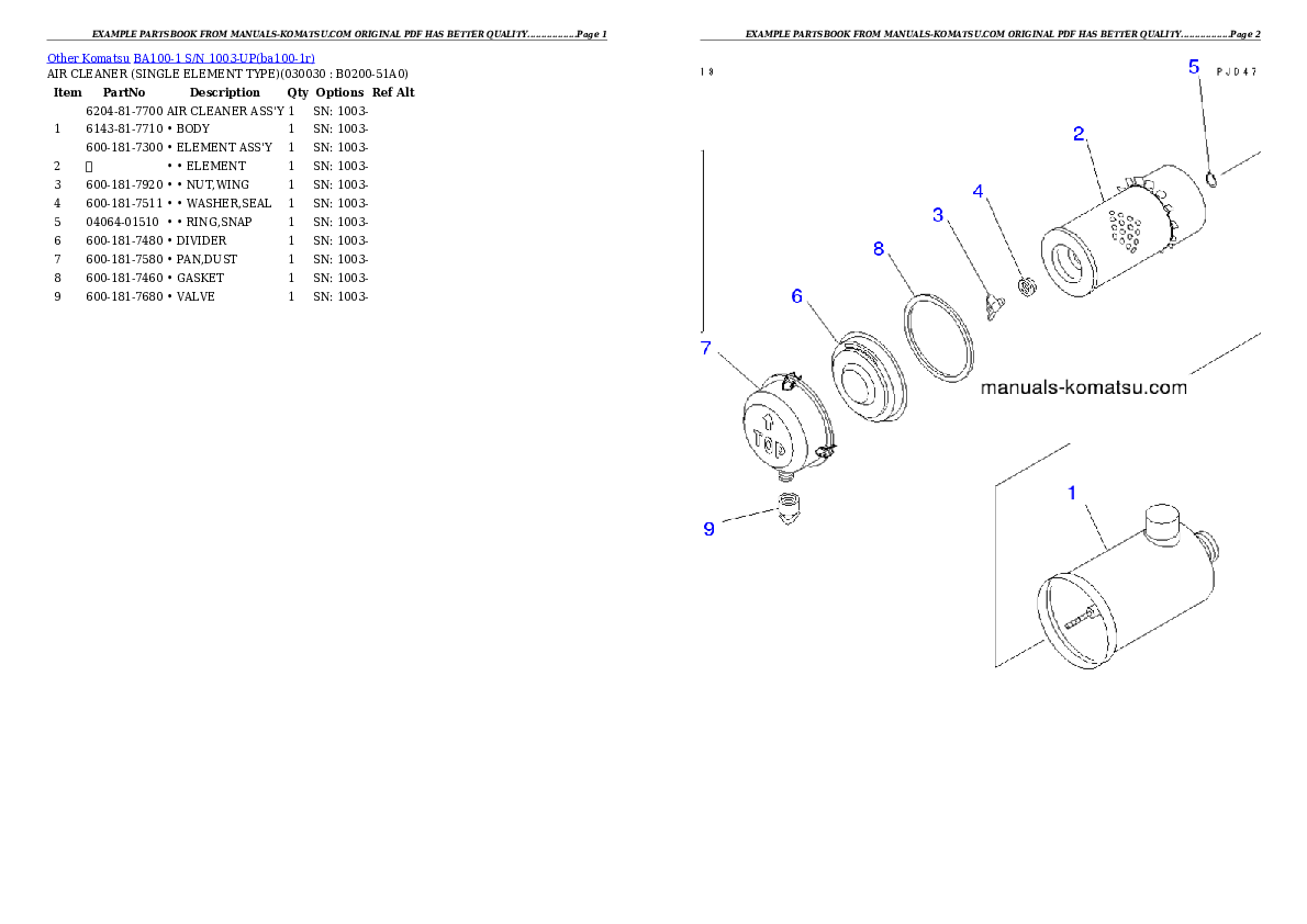 BA100-1 S/N 1003-UP Partsbook