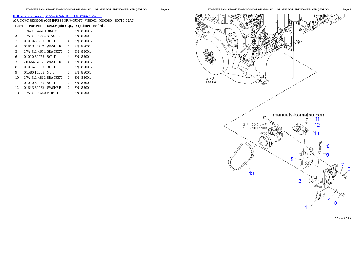 Protected: D155A-6 S/N 85001-85076 Partsbook