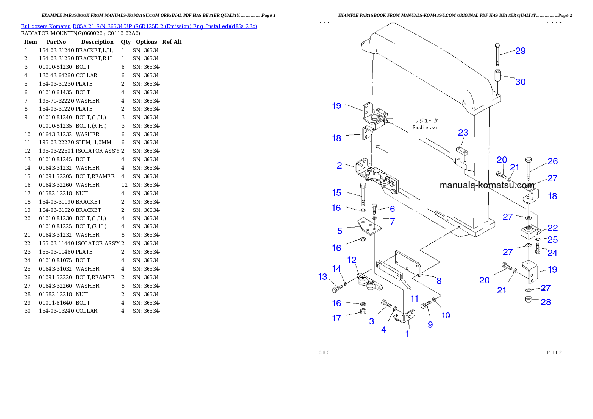 Protected: D85A-21 S/N 36534-UP (S6D125E-2 (Emission) Eng. Installed) Partsbook