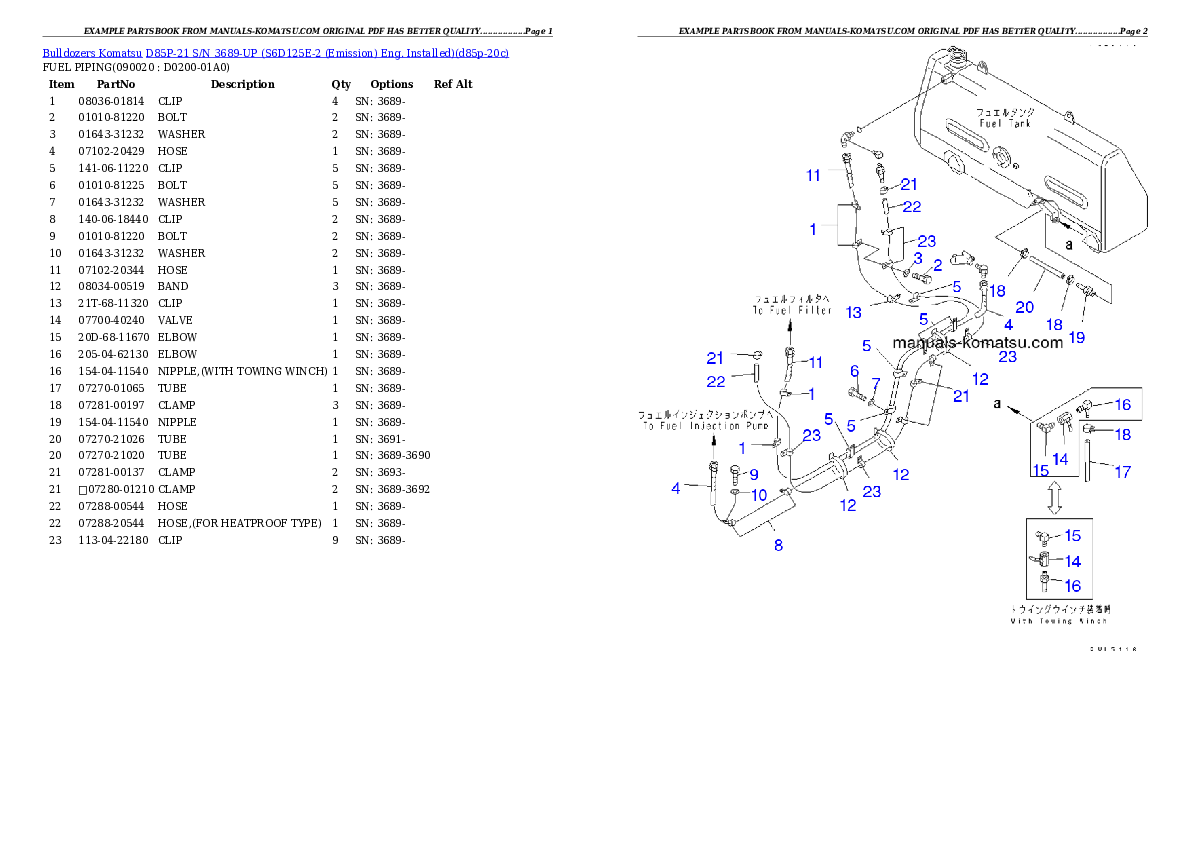 Protected: D85P-21 S/N 3689-UP (S6D125E-2 (Emission) Eng. Installed) Partsbook
