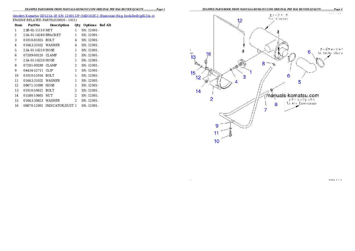 GD521A-1E S/N 12001-UP (S6D102E-2 (Emission) Eng. Installed) Partsbook