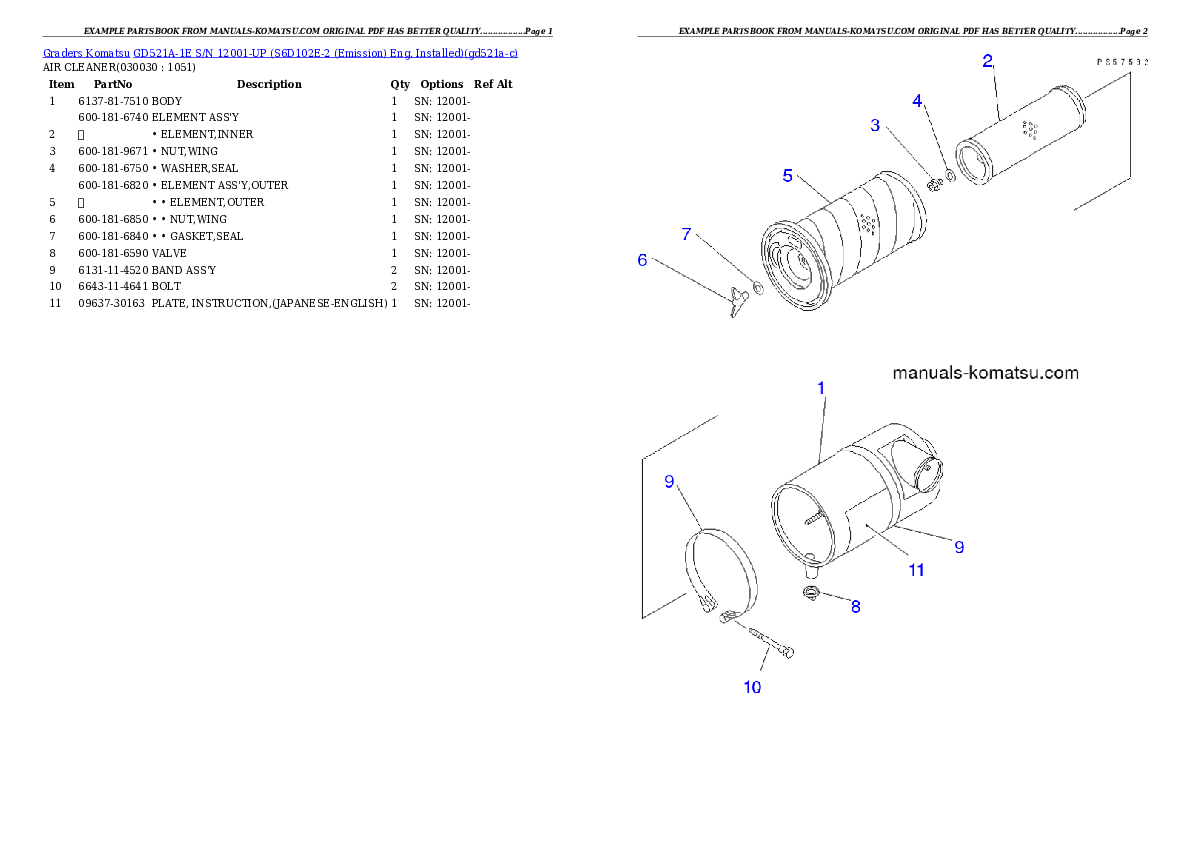 GD521A-1E S/N 12001-UP (S6D102E-2 (Emission) Eng. Installed) Partsbook