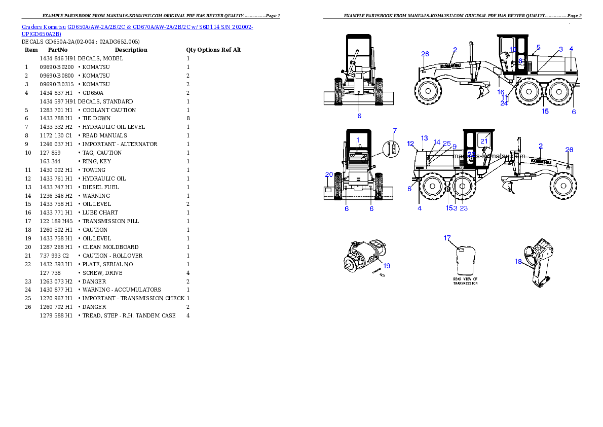 GD650A/AW-2A/2B/2C & GD670A/AW-2A/2B/2C w/ S6D114 S/N 202002-UP Partsbook