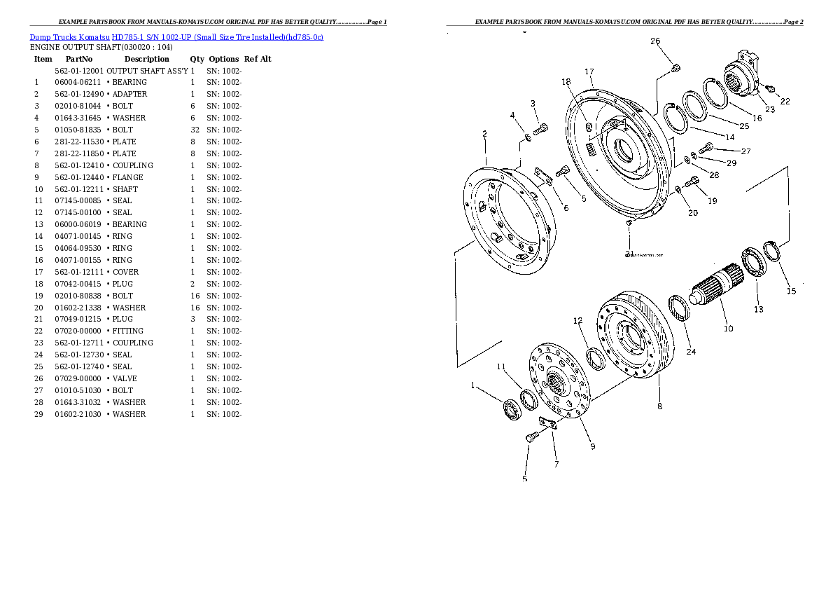 HD785-1 S/N 1002-UP (Small Size Tire Installed) Partsbook