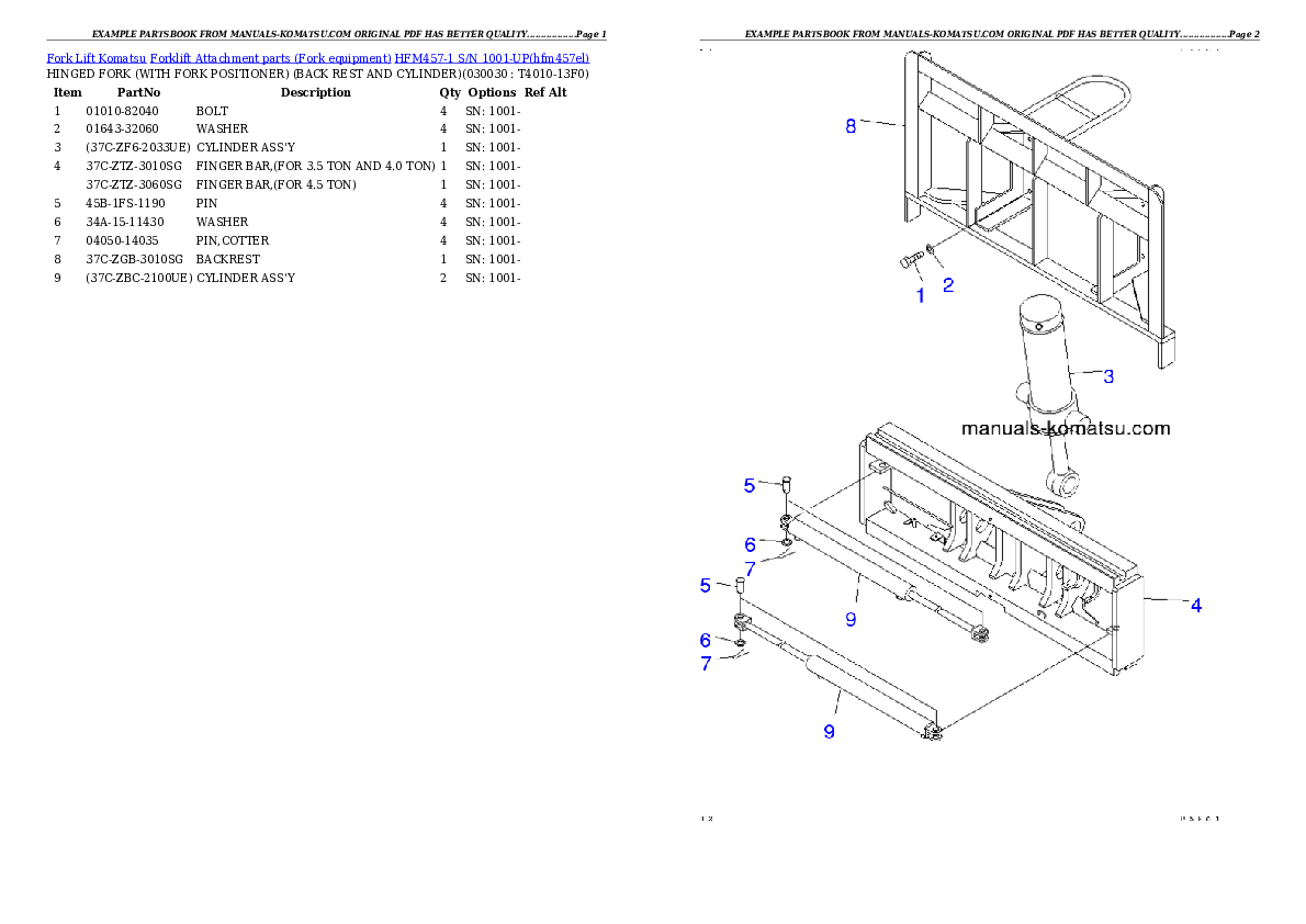 HFM457-1 S/N 1001-UP Partsbook
