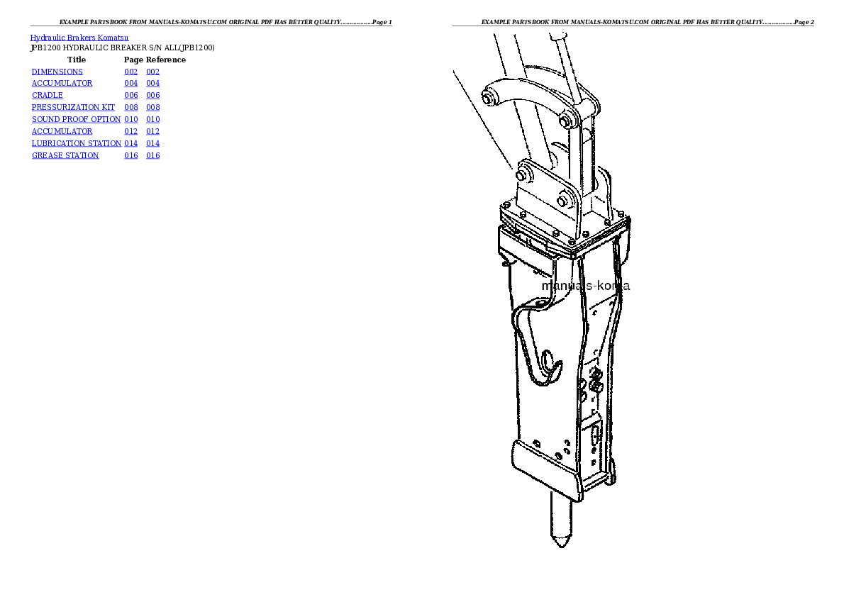 JPB1200 HYDRAULIC BREAKER S/N ALL Partsbook