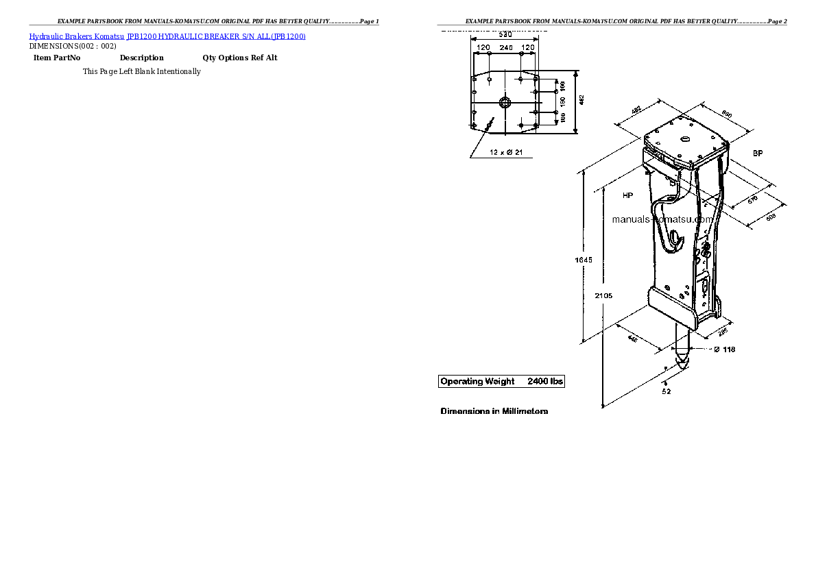 JPB1200 HYDRAULIC BREAKER S/N ALL Partsbook