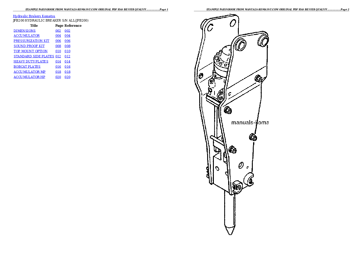 JPB200 HYDRAULIC BREAKER S/N ALL Partsbook