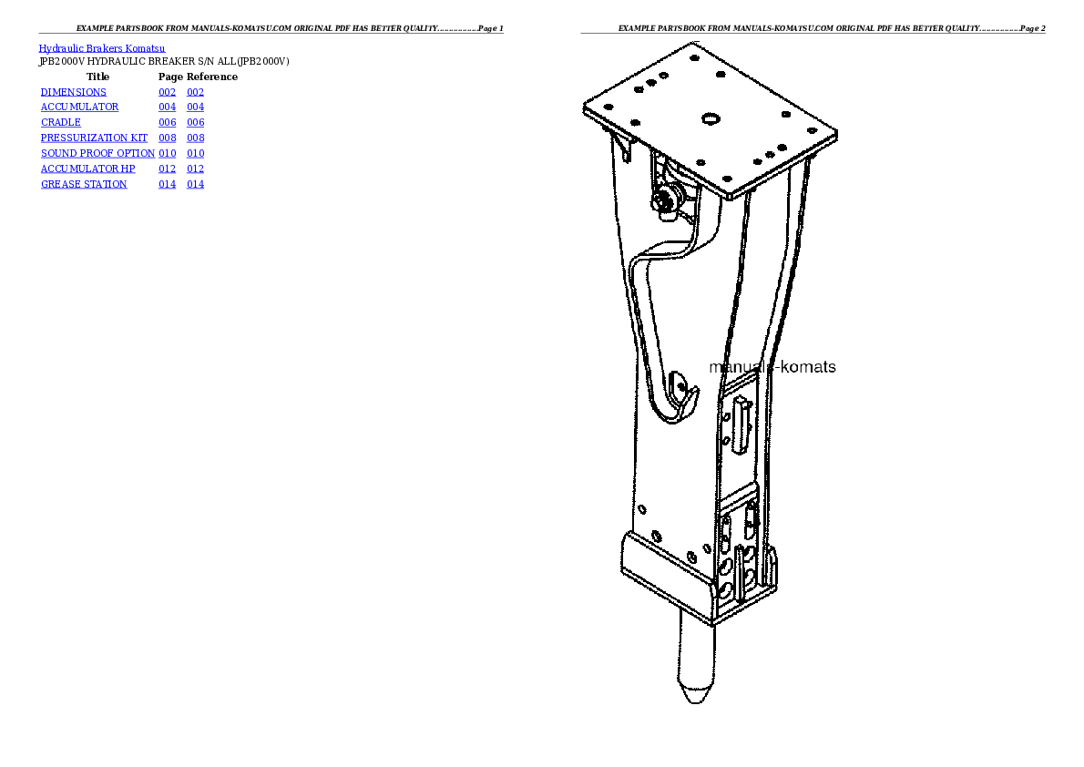 JPB2000V HYDRAULIC BREAKER S/N ALL Partsbook