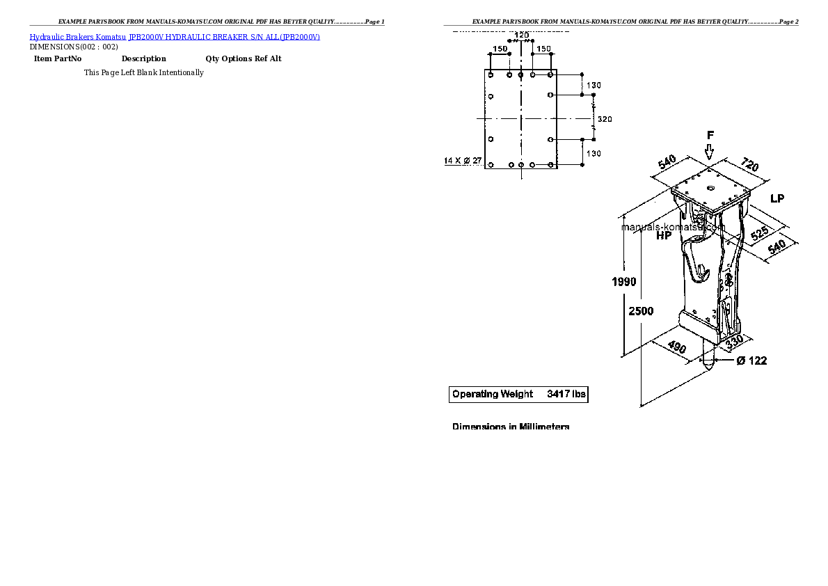 JPB2000V HYDRAULIC BREAKER S/N ALL Partsbook