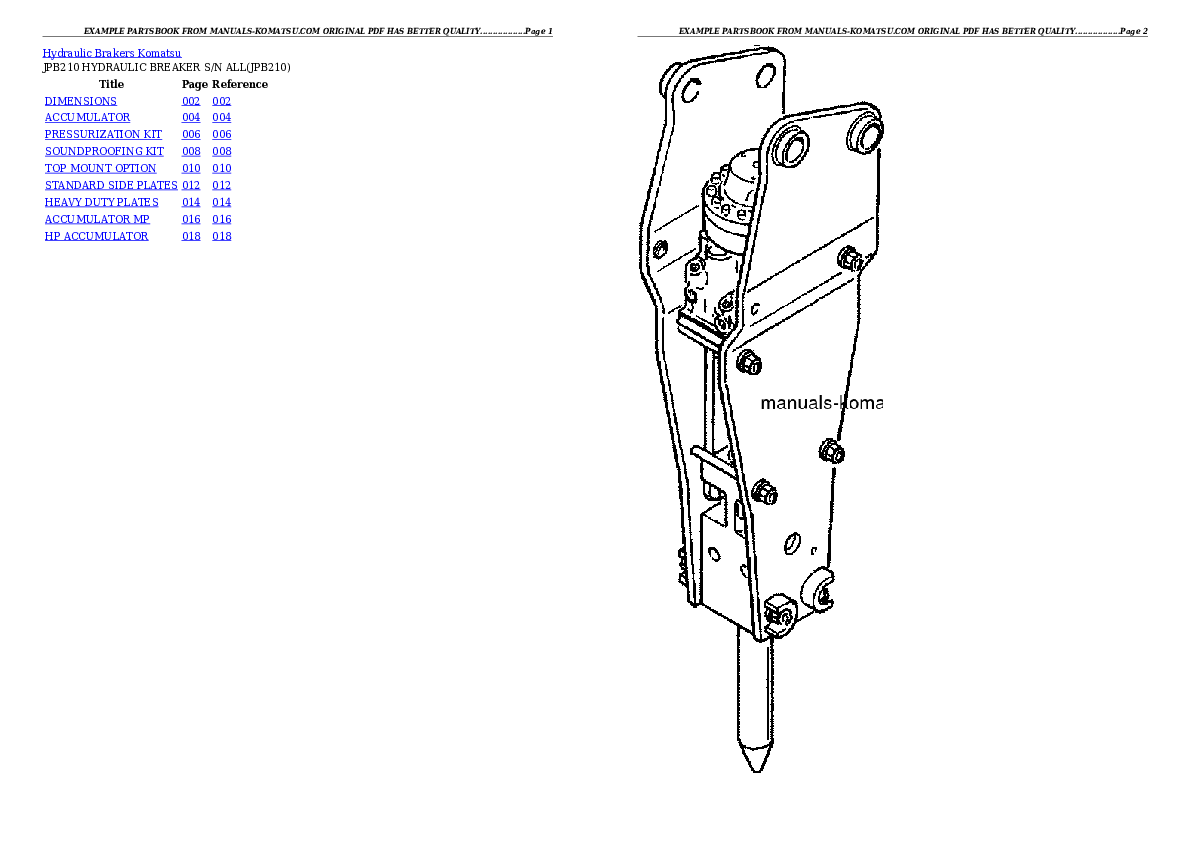 JPB210 HYDRAULIC BREAKER S/N ALL Partsbook