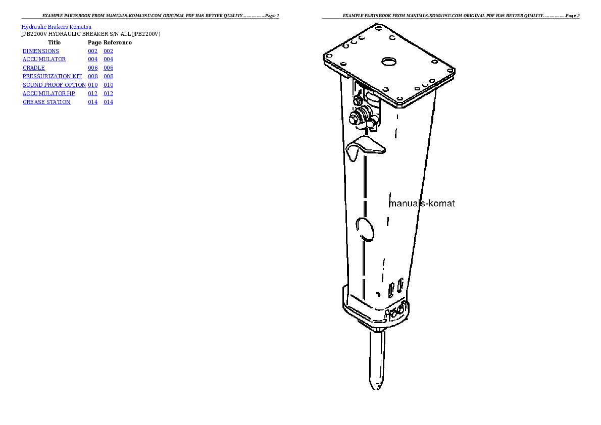 JPB2200V HYDRAULIC BREAKER S/N ALL Partsbook