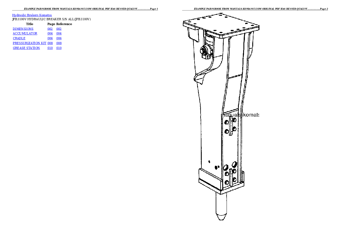 JPB3100V HYDRAULIC BREAKER S/N ALL Partsbook
