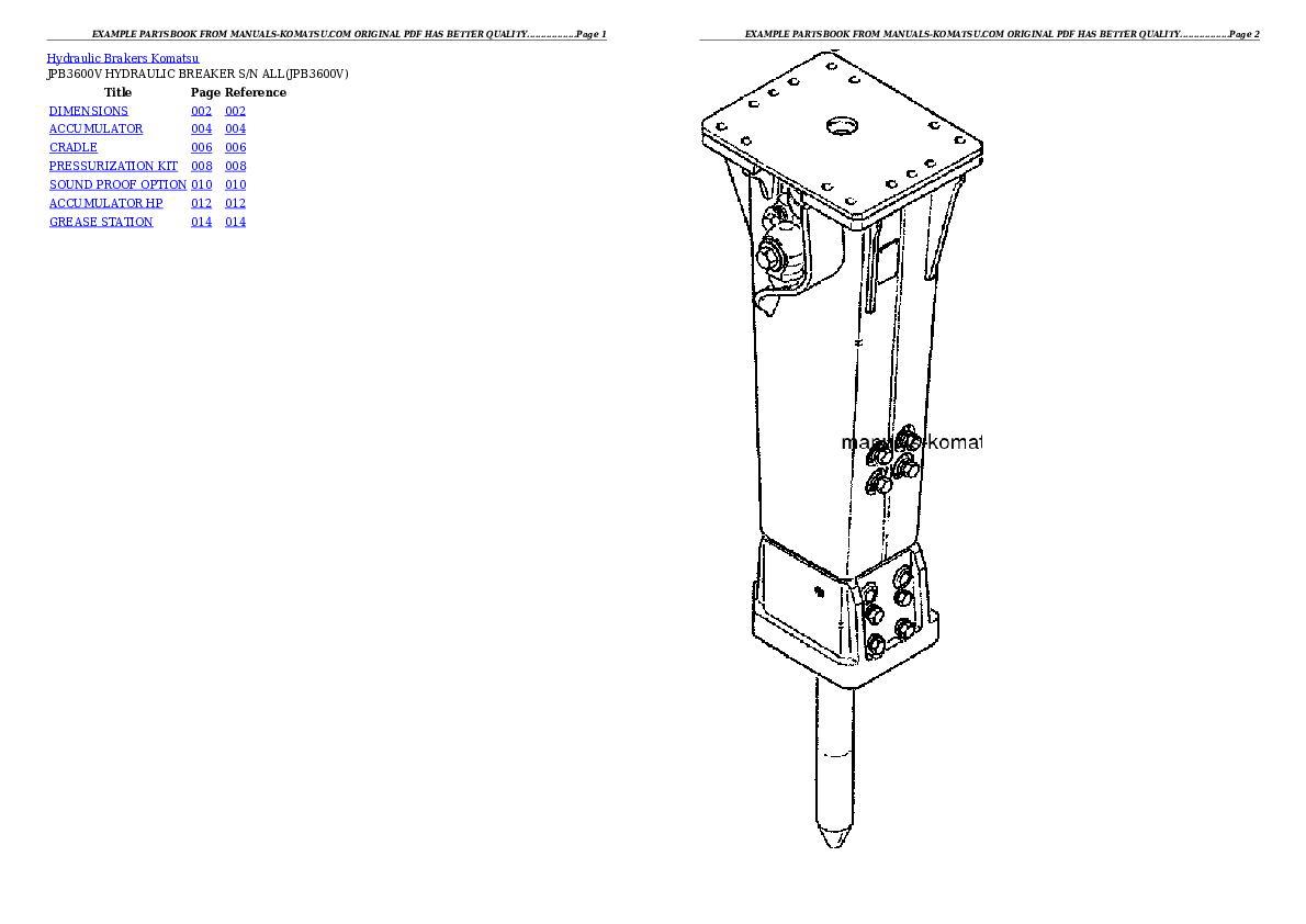 JPB3600V HYDRAULIC BREAKER S/N ALL Partsbook